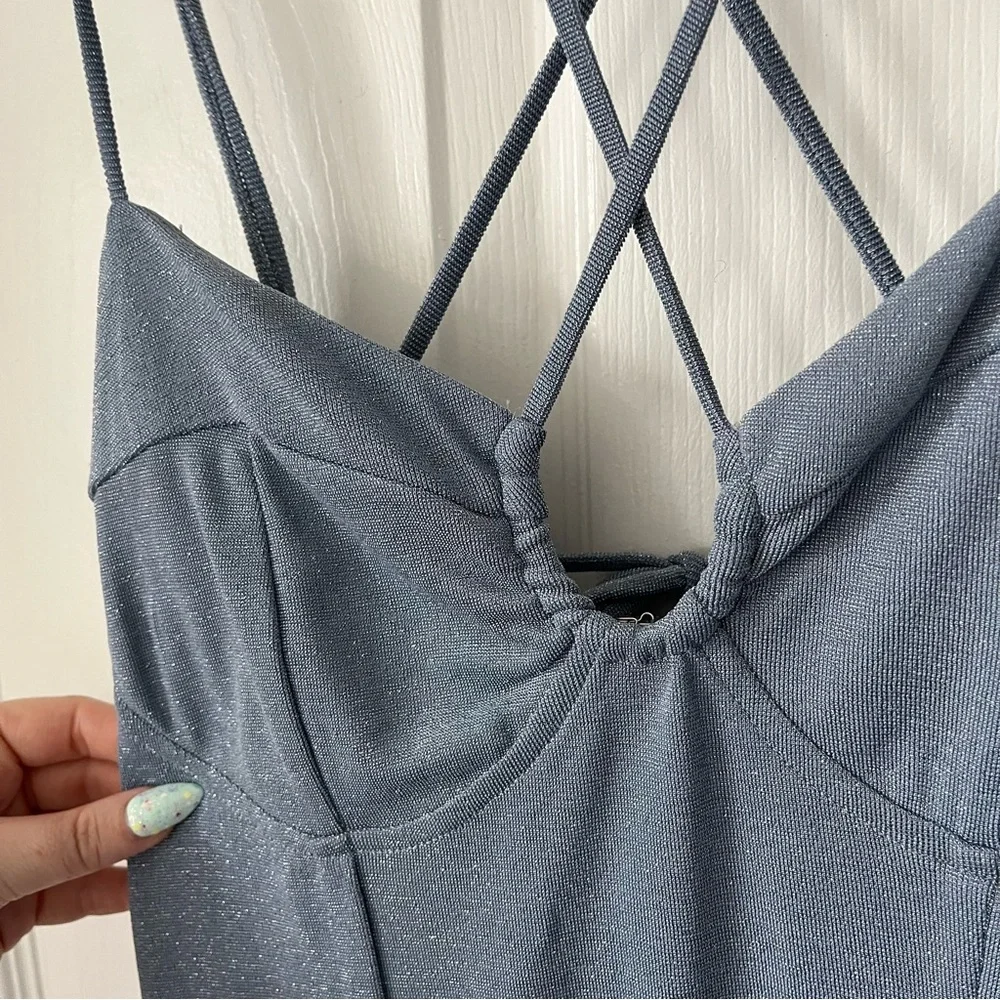NWOT Lulus Fantastic Figure Shiny Light Blue Tie-Back Bodycon Mini Dress size L - Picture 3 of 7